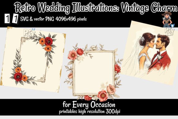 Timeless Charm: Retro Wedding Illustrations Vintage Set
