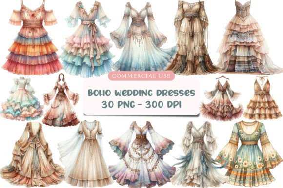 Watercolor Boho Wedding Dresses Clipart for Modern Design